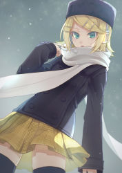 Rule 34 | 1girl, absurdres, adjusting scarf, aqua eyes, black coat, black thighhighs, blonde hair, buttons, coat, commentary, contrapposto, cowboy shot, double-breasted, from below, fur hat, hair ornament, hairclip, hat, headphones, headset, highres, kagamine rin, looking at viewer, miniskirt, plaid, plaid skirt, russian clothes, sayata (kan osyt), scarf, short hair, skindentation, skirt, snowing, solo, standing, swept bangs, thighhighs, ushanka, vocaloid, white scarf, yellow skirt