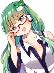 Rule 34 | + +, 1girl, :d, bare shoulders, breasts, cleavage, commentary request, unworn eyewear, frog hair ornament, glasses, green hair, hair ornament, highres, holding, holding removed eyewear, kochiya sanae, looking at viewer, one eye closed, open mouth, shiny skin, smile, solo, touhou, zerokosan
