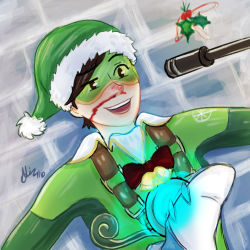 Rule 34 | 2girls, aliz-sf, alternate costume, bell, blood, brown hair, christmas, commentary, gameplay mechanics, goggles, gun, gun to head, hat, jingle bell, jingle tracer, mistletoe, multiple girls, nosebleed, out of frame, overwatch, overwatch 1, raised eyebrow, rifle, santa hat, sniper rifle, solo focus, stepped on, tracer (overwatch), weapon, widowmaker (overwatch)