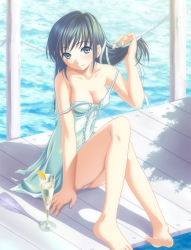 Rule 34 | 1girl, bare legs, bare shoulders, barefoot, black eyes, blue hair, blush, breasts, cleavage, collarbone, cup, day, dress, drinking glass, food, fruit, full body, hair ribbon, lemon, lemon slice, long hair, looking at viewer, medium breasts, no bra, original, outdoors, pier, playing with own hair, ribbon, sitting, solo, strap slip, sundress, water, wine glass