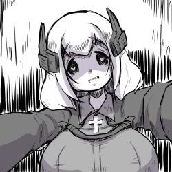 Rule 34 | 1girl, :d, azur lane, bad id, bad pixiv id, breasts, collared jacket, greyscale, head tilt, headgear, heart, heart-shaped pupils, jacket, large breasts, long sleeves, looking at viewer, monochrome, open mouth, outstretched arms, roon (azur lane), sharp teeth, smile, solo, symbol-shaped pupils, teeth, u-non (annon&#039;an)