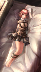 Rule 34 | 1girl, absurdres, bad id, bad pixiv id, barefoot, bed, blue eyes, blue skirt, bound, bound arms, bound legs, brown hair, brown shirt, character request, come hither, copyright request, full body, highres, looking at viewer, lying, pillow, restrained, shirt, short hair, skirt, solo, straitjacket, tape, tied up, window, zhadanzhawugui