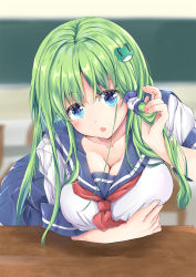 Rule 34 | 1girl, :o, alternate costume, blue eyes, blue sailor collar, blue skirt, blurry, blurry background, blush, breasts, chalkboard, commentary request, contemporary, frog hair ornament, fule, green hair, hair ornament, hair tubes, hand up, head tilt, highres, indoors, kochiya sanae, large breasts, leaning forward, long hair, looking at viewer, neckerchief, open mouth, pleated skirt, red neckerchief, sailor collar, school uniform, serafuku, short sleeves, skirt, solo, touhou, upper body