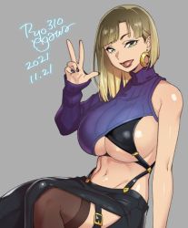 Rule 34 | 1girl, agawa ryou, blonde hair, breasts, earrings, green eyes, grey background, jewelry, large breasts, lipstick, looking at viewer, makeup, midriff, nail polish, navel, original, revealing clothes, solo, thighhighs, underboob