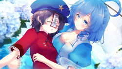 Rule 34 | 2girls, blue dress, blue eyes, blue hair, blue hat, blush, breasts, cabbie hat, cleavage, closed eyes, commentary request, dress, drill hair, dutch angle, flower, gengetsu chihiro, hair ornament, hair rings, hair stick, hat, highres, hydrangea, kaku seiga, large breasts, looking at another, medium breasts, miyako yoshika, multiple girls, ofuda, parted lips, puffy short sleeves, puffy sleeves, purple hair, red shirt, seiza, shawl, shirt, short hair, short sleeves, sitting, smile, star (symbol), touhou, upper body, vest, white flower, white vest