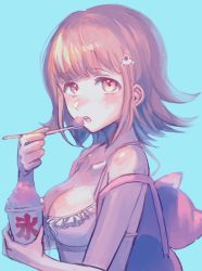 Rule 34 | 1girl, animal bag, backpack, bag, bare shoulders, bikini, blush, bnags, breasts, brown hair, cat bag, cleavage, collarbone, danganronpa (series), danganronpa 2: goodbye despair, flipped hair, food, from side, galaga, green background, hair ornament, highres, holding, holding spoon, medium breasts, medium hair, nanami chiaki, official alternate costume, pink eyes, shaved ice, shiny skin, simple background, solo, spoon, swimsuit, umeumeumestar, upper body