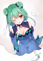 Rule 34 | 1girl, absurdres, alternate breast size, breasts, chibi, cleavage, collarbone, commentary, detached sleeves, double bun, dreaming, ghost, gothic lolita, green hair, hair bun, hair ornament, highres, hololive, lolita fashion, looking at viewer, multiple views, one eye closed, red eyes, simple background, sleeping, to naive, uruha rushia, uruha rushia (1st costume), virtual youtuber, zzz