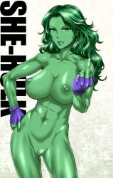 Rule 34 | 1girl, abs, breasts, character name, collarbone, colored nipples, colored skin, contrapposto, cowboy shot, fingerless gloves, gloves, green eyes, green hair, green nipples, green skin, hand on own hip, jennifer walters, large breasts, lips, long hair, looking at viewer, marvel, matching hair/eyes, middle finger, muscular, navel, nipples, nose, nude, parted lips, she-hulk, shiny skin, simple background, solo, source request, st.germain-sal, teeth