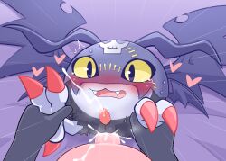 Rule 34 | anal, bat wings, blush, claws, cum, cum in ass, digimon, digimon (creature), driosawm, fangs, foot grab, heart, highres, lying, male penetrated, on back, penis, picodevimon, rough sex, sex, skull, small penis, small testicles, stitches, testicles, wings, yaoi, yellow eyes