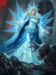 Rule 34 | 1girl, blonde hair, blue eyes, butterfly wings, dress, extra eyes, fangs, insect wings, james ryman, legend of the cryptids, long hair, monster, official art, open mouth, red eyes, solo, solo focus, tentacles, tiara, wings