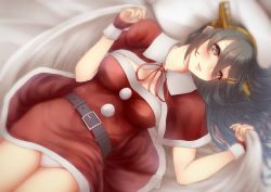 Rule 34 | 1girl, bed sheet, belt, belt buckle, black belt, black hair, blush, brown eyes, buckle, capelet, cowboy shot, hair between eyes, hair ornament, hairband, hairclip, haruna (kancolle), headgear, highres, kantai collection, long hair, long neck, looking at viewer, nuka (nvkka), open mouth, panties, pillow, pom pom (clothes), red capelet, santa costume, smile, solo, underwear, white panties
