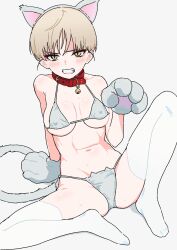 Rule 34 | 1girl, alternate costume, animal ears, animal hands, bell, bikini, blonde hair, blue archive, blush, breasts, cat ear bikini, cat ears, cat tail, clenched teeth, collar, fake animal ears, fake tail, gloves, grey background, grey bikini, highres, large breasts, looking at viewer, marina (blue archive), neck bell, osame, paw gloves, red collar, short hair, simple background, sitting, solo, sweat, swimsuit, tail, teeth, thighhighs, white thighhighs