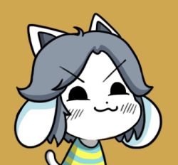 Rule 34 | &gt;:3, :3, bad id, bad pixiv id, black eyes, blush, brown background, chibi, extra ears, grey hair, gyate gyate, lowres, monster, portrait, shirt, simple background, solo, striped clothes, striped shirt, tail, temmie, undertale, upper body, v-shaped eyebrows, yaruky