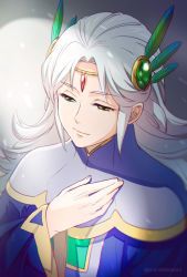 Rule 34 | 1boy, artist name, bad id, bad tumblr id, circlet, closed mouth, commentary, english commentary, fantasy life, green eyes, hair ornament, hand on own chest, kaze-hime, long hair, long sleeves, male focus, sidelocks, smile, solo, upper body, white hair