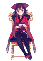 1girl black_thighhighs chair cup female_focus floral_print full_body geta hair_ribbon japanese_clothes kimono looking_at_viewer open_mouth original red_eyes ribbon saucer simple_background sitting solo teacup thighhighs white_background yasumo_(kuusouorbital)