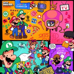 Rule 34 | 2girls, 6+boys, absurdres, arm around shoulder, arm around waist, backpack, bag, barrel, beard, beret, big nose, black border, black bow, black eyes, blonde hair, blue background, blue brooch, blue headwear, blue overalls, blush stickers, bob-omb, bomb, border, bow, bowser, bracelet, brooklyn lady (mario), brothers, brown bag, brown footwear, brown hair, brown headwear, brown overalls, brown straps, bug, buttons, cabbie hat, cable, car keys, cellphone, chain chomp, character name, chin, clapperboard, clenched hand, clenched hands, clenched teeth, closed eyes, commentary, crab, dollar sign, dress, earrings, electrical outlet, english commentary, english text, explosive, eyelashes, facial hair, fighter fly, fly, food, foreman spike, furry, furry male, game &amp; watch, game console, gamecube, gloves, green headwear, hand on own cheek, hand on own face, hand on own forehead, hand on own hip, hat, hat bow, height difference, highres, holding, holding megaphone, holding paper, holding pen, holding phone, holding sign, insect, jewelry, jradical2014, kamek, keyboard (computer), letter, license plate, lipstick, long hair, long sleeves, looking at viewer, luigi, makeup, manhole cover, mario, mario (series), mario bros., medium hair, megaphone, monitor, multicolored background, multiple boys, multiple girls, mustache, nervous smile, nintendo, ok sign, one eye closed, open mouth, orange background, overalls, paper, pen, phone, pink background, pink dress, pizza, pizza slice, plumber, plunger, pointing, pointing at another, pow block, princess peach, purple background, purple dress, raised eyebrow, raised eyebrows, red headwear, red lips, red shirt, sandals, script, shellcreeper, shirt, shoes, short sleeves, siblings, sidestepper, sign, smartphone, smile, solid oval eyes, speech bubble, sphere earrings, striped clothes, striped dress, sunglasses, super bell, super mushroom, super star (mario), sweatdrop, teeth, television, the super mario bros. movie, thick eyebrows, thumbs up, toad (mario), toolbox, turtle, upper teeth only, v, v-shaped eyebrows, v-shaped eyes, warp pipe, white footwear, white gloves, white trim, wrecking crew, wrench, yellow shirt