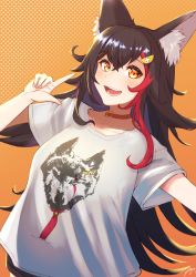 Rule 34 | 1girl, :d, animal ear fluff, animal ears, black hair, black shorts, brown choker, choker, commentary request, gollizo, hair between eyes, hair ornament, hand up, highres, hololive, index finger raised, long hair, multicolored hair, ookami mio, open mouth, orange background, polka dot, polka dot background, red eyes, red hair, shirt, short shorts, short sleeves, shorts, signature, simple background, smile, solo, streaked hair, teeth, upper body, upper teeth only, very long hair, virtual youtuber, white shirt, wolf ears