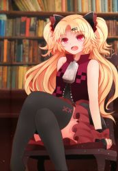 Rule 34 | 1girl, akatsuki uni, arano oki, arm support, bare shoulders, black dress, black gloves, black thighhighs, blonde hair, blurry, blurry background, book, bookshelf, bow, chair, commentary request, crossed legs, depth of field, dress, feet out of frame, gloves, hair ornament, hairclip, indoors, jacket, long hair, on chair, parted bangs, partially fingerless gloves, purple eyes, red bow, red jacket, sitting, sleeveless, sleeveless jacket, solo, thighhighs, two side up, uni create, very long hair, virtual youtuber, zipper pull tab