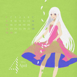 Rule 34 | 1girl, :d, april, bad id, bad pixiv id, calendar, clothes lift, dress, dress lift, happy, hime cut, long hair, lowres, open mouth, original, petals, smile, solo, standing, suzushiro sayu, very long hair, white hair