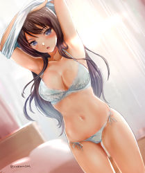 Rule 34 | 1girl, armpits, arms up, backlighting, bad id, bad pixiv id, bedroom, blue eyes, blurry, blurry background, blush, bow, bow bra, bow panties, bra, breasts, brown hair, cleavage, clothes lift, collarbone, commentary, cowboy shot, dutch angle, floral print, frown, gluteal fold, grey bra, grey panties, head tilt, highres, lace, lace-trimmed bra, lace trim, light particles, lips, long hair, looking at viewer, medium breasts, nabenoki, navel, open mouth, original, panties, print bra, print panties, shirt, shirt lift, side-tie panties, skindentation, solo, standing, thighs, twitter username, underwear, underwear only, white shirt