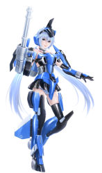 Rule 34 | 1girl, absurdres, bad id, bad pixiv id, blue eyes, blue hair, eblmeka, frame arms girl, full body, gatling gun, gun, highres, long hair, looking at viewer, mecha musume, simple background, smile, solo, stylet, twintails, weapon, white background