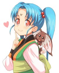 Rule 34 | 1girl, animal, arm behind back, blue hair, cabbit, commentary request, dress, facial mark, forehead mark, freckles, from side, hagiya masakage, hair bobbles, hair ornament, heart, highres, holding, holding animal, long hair, long sleeves, masaki sasami jurai, multicolored clothes, multicolored dress, parted bangs, pink eyes, pointing, pointing up, ryou-ouki, simple background, solo, standing, tenchi muyou!, twintails, upper body, white background