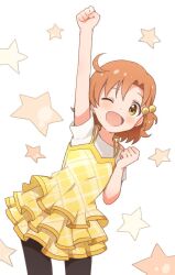 Rule 34 | 1girl, ahoge, arm up, black pantyhose, blush, breasts, brown eyes, brown hair, buchi (y0u0ri ), clenched hands, cowboy shot, dot nose, dress, hair bobbles, hair ornament, hand up, idolmaster, idolmaster million live!, idolmaster million live! theater days, layered dress, looking at viewer, one eye closed, open mouth, pantyhose, plaid, plaid dress, shirt, short hair, short sleeves, small breasts, smile, solo, standing, star (symbol), starry background, white background, white shirt, yabuki kana, yellow dress