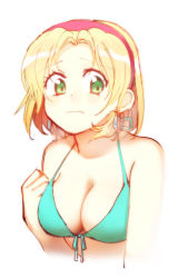 Rule 34 | 1girl, aqua bikini, bad id, bad pixiv id, bikini, blonde hair, blue eyes, breasts, cecilia lynne adelhyde, cleavage, commentary request, earrings, front-tie bikini top, front-tie top, frown, hairband, highres, jewelry, medium breasts, parted bangs, short hair, simple background, solo, swimsuit, white background, wild arms, wild arms 1, yururi-ra