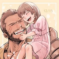 Rule 34 | 1boy, 1girl, barret wallace, beard, blush, border, brown hair, closed eyes, dark-skinned male, dark skin, dated, dress, facial hair, facial scar, father and daughter, final fantasy, final fantasy vii, final fantasy vii remake, hand on another&#039;s chin, happy birthday, highres, lower teeth only, marlene wallace, nnnmmg0725, open mouth, pink dress, puffy short sleeves, puffy sleeves, scar, scar on cheek, scar on face, short hair, short sleeves, sitting on shoulder, smile, teeth, upper body, upper teeth only, very short hair, yellow background