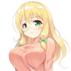 Rule 34 | 1girl, blazblue, blonde hair, blush, breasts, glasses, green eyes, large breasts, long hair, looking at viewer, naoki (endofcentury102), pink sweater, ribbed sweater, ribbon, smile, solo, sweater, trinity glassfield, turtleneck, turtleneck sweater, upper body