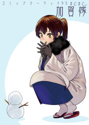 Rule 34 | 1girl, ayasugi tsubaki, blue background, blue kimono, brown hair, closed mouth, comiket 95, commentary request, fur collar, gloves, hair between eyes, hands up, interlocked fingers, japanese clothes, kaga (kancolle), kantai collection, kimono, okobo, own hands together, sandals, side ponytail, simple background, smile, snowman, solo, squatting, tabi, translation request, winter clothes, yellow eyes