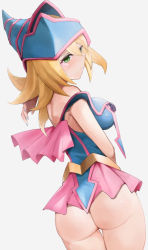 Rule 34 | 1girl, ass, back, bare shoulders, blonde hair, blue nails, blush, blush stickers, breasts, choker, cleavage, dark magician girl, duel monster, green eyes, hat, kataku musou, large breasts, long hair, nail polish, simple background, skirt, sleeveless, solo, thigh gap, thighs, wand, white background, wizard hat, yu-gi-oh!
