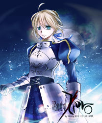 Rule 34 | 1girl, ahoge, armor, armored dress, artoria pendragon (fate), bad id, bad pixiv id, blonde hair, copyright name, dress, envy3103, fate/stay night, fate/zero, fate (series), faulds, full moon, gauntlets, green eyes, hair ribbon, invisible air (fate), moon, ribbon, saber (fate)