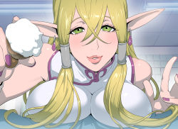 Rule 34 | 1girl, blonde hair, blush, breast press, breasts, ceiling, dress, earrings, elf, elf no sumu danchi 2, green eyes, hair between eyes, highres, holding, huge breasts, indoors, jewelry, kotoyoshi yumisuke, long hair, looking at viewer, lying, nail polish, original, parted lips, pointy ears, pov, purple nails, sleeveless, smile, solo, white dress