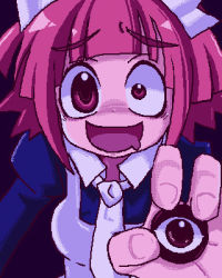 Rule 34 | 1girl, mismatched irises, blue dress, blunt bangs, collared shirt, crazy eyes, dress, eye focus, eyeball, eyebrows, fingernails, futaba channel, holding, long sleeves, looking at viewer, lowres, necktie, nijiura maids, outstretched arm, pink eyes, pink hair, shirt, solo, torotei, white necktie, yakui