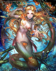 Rule 34 | 1girl, blonde hair, blue eyes, blush, breasts, convenient censoring, emperors saga, fins, flower, head fins, highres, liduke, long hair, looking at viewer, medium breasts, mermaid, monster girl, navel, nude, official art, parted bangs, parted lips, partially submerged, reaching, reaching towards viewer, smile, solo, water, water surface, watermark