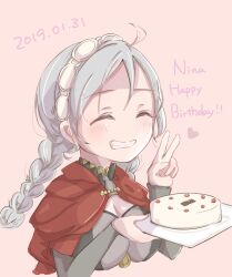 Rule 34 | 1girl, ahoge, airisuotog, birthday cake, braid, breasts, cake, capelet, closed eyes, fire emblem, fire emblem fates, food, hairband, happy birthday, highres, holding, holding cake, holding food, hood, hooded capelet, large breasts, low twin braids, nina (fire emblem), nintendo, parted bangs, red capelet, red hood, solo, twin braids, v, white hairband