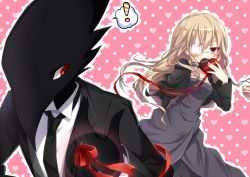 Rule 34 | !, 1boy, 1girl, amputee, arm behind back, black dress, black jacket, black necktie, black pantyhose, black skin, black suit, blonde hair, box, caron (higyaku no noel), choker, collared shirt, colored skin, commentary request, demon boy, dress, emia (castilla), eyepatch, formal, frilled choker, frills, gift, hair between eyes, hand up, heart, heart-shaped box, heart background, higyaku no noel, holding, holding gift, jacket, long hair, long sleeves, looking at another, looking back, medical eyepatch, necktie, noel cerquetti, outline, pantyhose, pink background, polka dot, polka dot background, red eyes, red ribbon, ribbon, shirt, spoken exclamation mark, standing, suit, valentine, white outline, white shirt