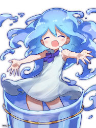 Rule 34 | 1girl, dress, closed eyes, female focus, highres, key 961, liquid hair, long hair, merc (merc storia), merc storia, monster girl, open mouth, outstretched arms, see-through, slime girl, smile, solo, spread arms, twitter username, white dress