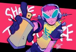 Rule 34 | 1boy, beat (jsr), belt, blue sleeves, can, commentary, datoonie, english commentary, english text, green-tinted eyewear, grin, headphones, highres, holding, holding can, index finger raised, jet set radio, looking at viewer, making-of available, male focus, pants, pink background, red hair, scanlines, shirt, short hair, short sleeves, signature, smile, solo, spray can, sunglasses, teeth, tinted eyewear, white-framed eyewear, yellow shirt