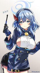 Rule 34 | 1girl, ako (blue archive), bell, blue archive, blue eyes, blue hair, blue hairband, blue halo, breasts, character name, commentary, cowbell, gradient background, green hair, gun, hairband, halo, handgun, highres, holding, holding gun, holding weapon, large breasts, looking at viewer, medium hair, neck bell, smile, solo, twitter username, urabanasimati, weapon