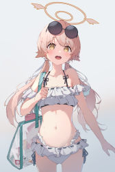 Rule 34 | 1girl, bag, bikini, blue archive, blush, bra, breasts, cleavage, collarbone, commentary request, cowboy shot, eyewear on head, frilled bikini, frills, fujimaki nora, grey background, hair between eyes, halo, hifumi (blue archive), hifumi (swimsuit) (blue archive), highres, light brown hair, looking at viewer, low twintails, navel, off-shoulder bikini, off shoulder, open mouth, panties, ribbon-trimmed swimsuit, ribbon trim, side-tie panties, simple background, small breasts, smile, solo, standing, stomach, sunglasses, swimsuit, twintails, underwear, water drop, white bikini, white bra, white panties, yellow eyes