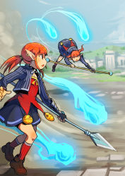 Rule 34 | 00s, 2girls, battle mage (dungeon and fighter), city, dungeon and fighter, fire, mage (dungeon and fighter), magic, multiple girls, pointy ears, polearm, ponytail, red hair, segamark, spear, staff, weapon
