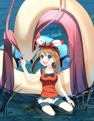 Rule 34 | 1girl, :d, absurdres, bad id, bad twitter id, bike shorts, black shorts, blue eyes, blush, bow, bracelet, breasts, brown hair, creatures (company), day, game freak, gen 3 pokemon, hair bow, hairband, highres, jewelry, kneeling, long hair, may (pokemon), medium breasts, milotic, nintendo, open mouth, outdoors, pokemon, pokemon (creature), pokemon oras, red hairband, red shirt, shirt, short shorts, shorts, shorts under shorts, sleeveless, sleeveless shirt, smile, striped, striped bow, water, white shorts, yuihico