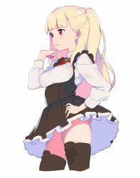 Rule 34 | 1girl, blonde hair, boots, breasts, cropped legs, cross-laced footwear, dress, enkyo yuuichirou, framed breasts, hand on own hip, lace-up boots, long hair, red eyes, simple background, solo, standing, thigh boots, thighhighs, tokyo 7th sisters, twintails, uesugi u. kyouko, white background