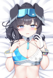 Rule 34 | 1girl, absurdres, animal ears, bed sheet, black hair, blue archive, blue eyes, blush, breasts, character name, cheerleader, cleavage, clothes writing, dog ears, dog girl, eyewear on head, facial tattoo, gloves, hibiki (blue archive), hibiki (cheer squad) (blue archive), highres, jc shikikan, large breasts, looking at viewer, lying, millennium cheerleader outfit (blue archive), navel, on back, partially fingerless gloves, short hair, single glove, solo, star tattoo, sunglasses, tattoo, upper body, white gloves