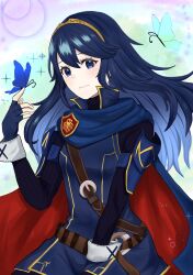 Rule 34 | 1girl, blue cape, blue eyes, blue gloves, blue hair, brand of the exalt, bug, butterfly, butterfly on hand, cape, closed mouth, eyelashes, fingerless gloves, fire emblem, fire emblem awakening, gloves, hair between eyes, highres, insect, light smile, long hair, long sleeves, looking at viewer, lucina (fire emblem), nintendo, otokajife, red cape, solo, symbol in eye, tiara, turtleneck, two-tone cape