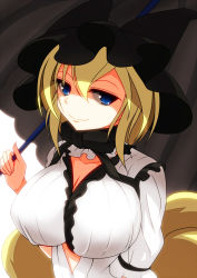 Rule 34 | 1girl, alternate costume, animal hat, blonde hair, blue eyes, breasts, choker, cleavage, collarbone, dress, fox tail, hat, hat with ears, kitsune, kyuubi, large breasts, lolita fashion, looking at viewer, merry (diameri), mob cap, multiple tails, parasol, ribbon choker, shaded face, smile, solo, tail, touhou, umbrella, upper body, white dress, yakumo ran