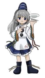 Rule 34 | 1girl, blue eyes, blue hat, blue skirt, closed mouth, commentary request, full body, grey hair, hat, japanese clothes, kariginu, long hair, long sleeves, looking at viewer, mononobe no futo, ofuda, plate, pom pom (clothes), ponytail, ribbon-trimmed sleeves, ribbon trim, skirt, solo, standing, tate eboshi, touhou, wide sleeves, yamadainari, zun (style)