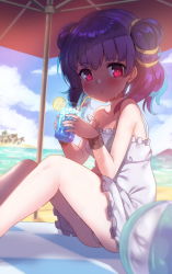 Rule 34 | 1girl, bare shoulders, beach, blue sky, blush, child, cloud, day, dress, drink, drinking straw, fire emblem, highres, looking at viewer, multi-tied hair, myrrh (fire emblem), nintendo, ocean, open mouth, outdoors, palm tree, purple hair, rayno, red eyes, sand, sky, solo, tree, twintails, water, white dress